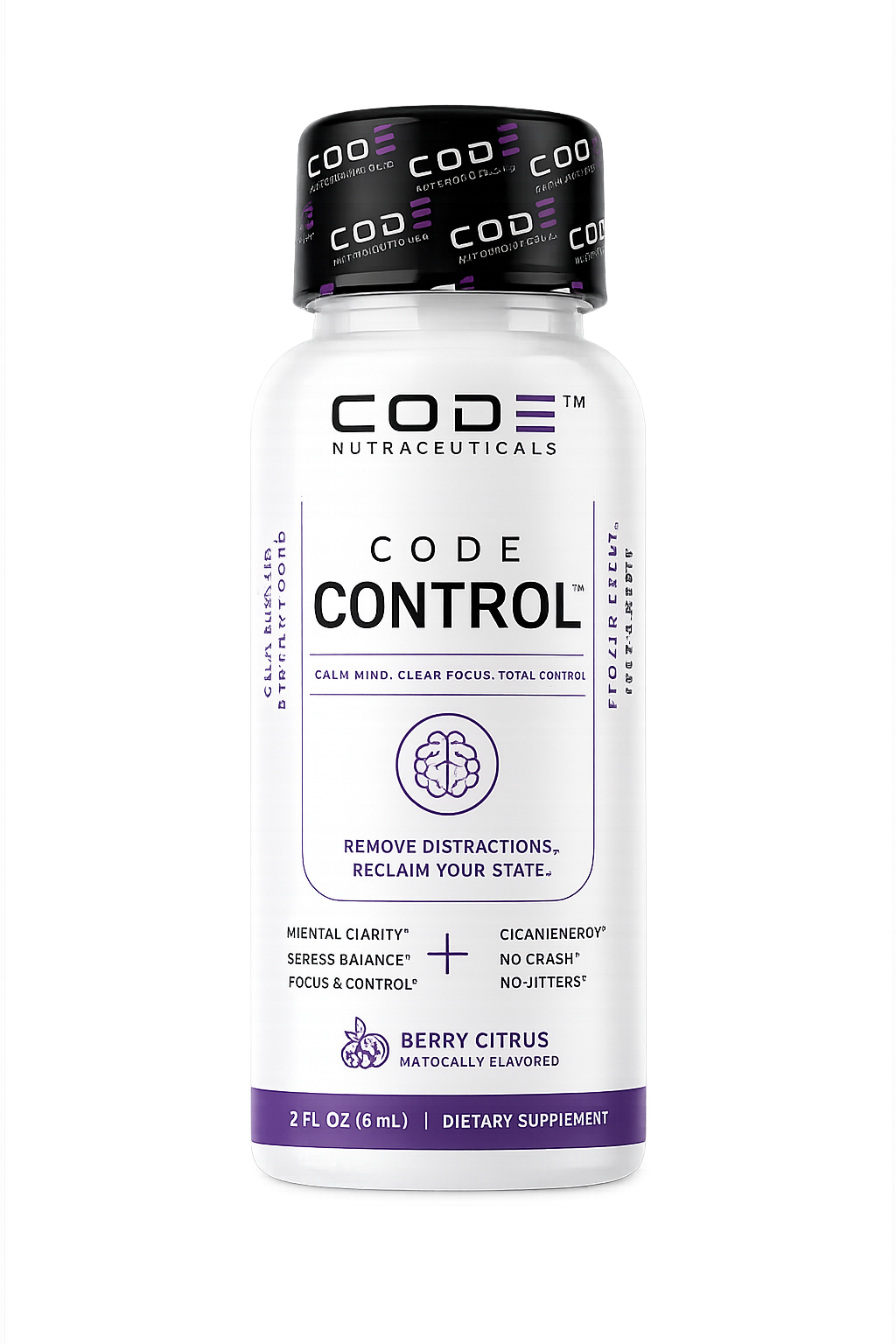 CODE CONTROL nootropic shot bottle with glowing brain graphic