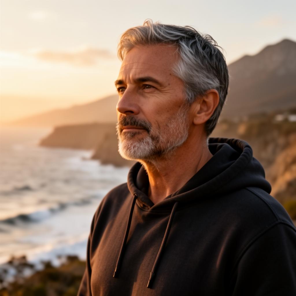 Composed man at coastal sunset reflecting on focus and clarity